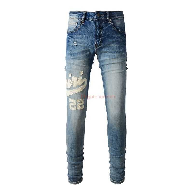 

Designer Clothing Amires Jeans Denim Pants Amies 1311 High Street Blue Fashion Distressed Jeans Letter Sticky Skin Fashion Brand Elastic Slim Fit Feet Pants for Men D