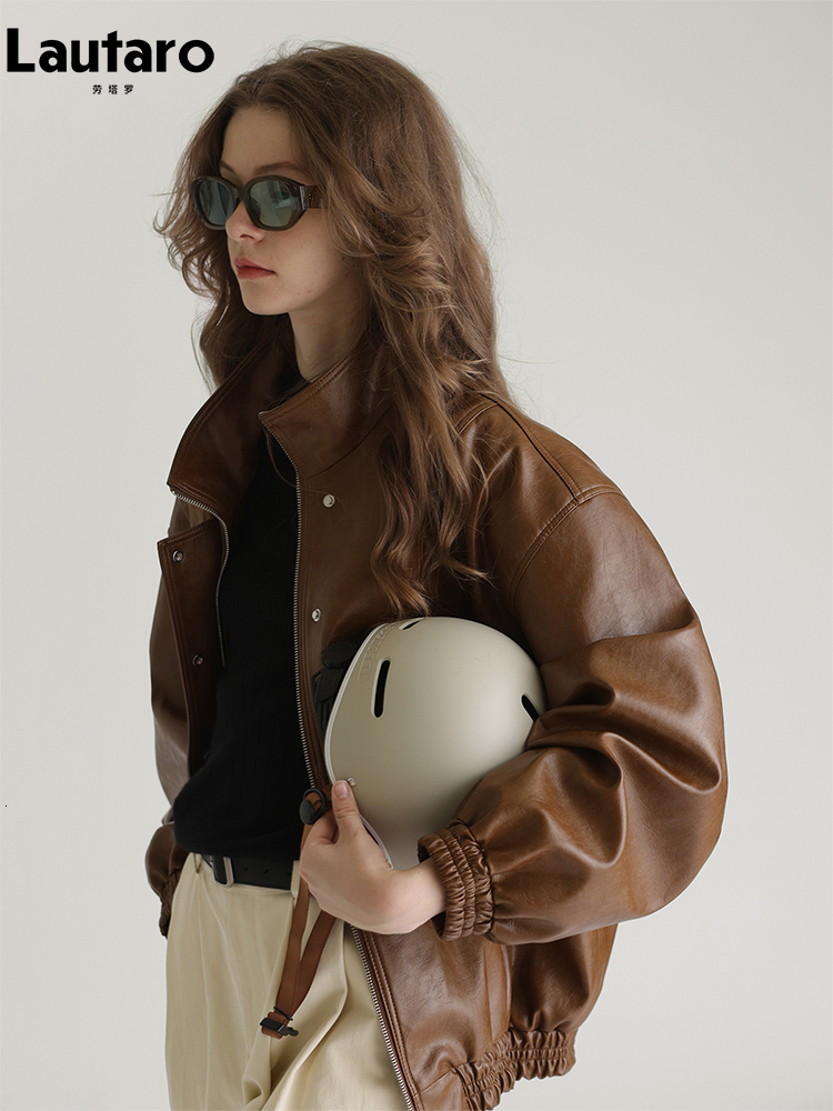 Women s Jackets Lautaro Spring Autumn Cool Oversized Brown Black Faux Leather Bomber Jacket Women Zip Up Unisex Clothes 2023 230522