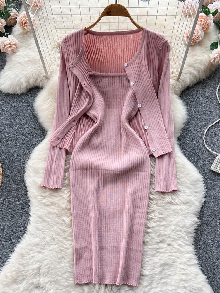 

Casual Dresses YuooMuoo Elegant Women Dress Sets 2023 Autumn Fashion Knitted Cardigans Slim Spaghetti Strap Lady Two Piece Suits, Beige