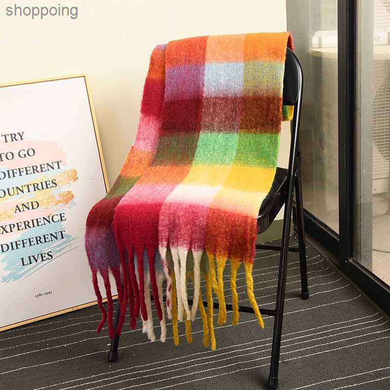 

Autumn and Winter Double Sided Rainbow Neck Ac Warm Tassel Shawl Women's Long Plaid Brushed Color Contrast Scarf