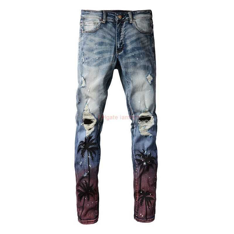 

Designer Clothing Amires Jeans Denim Pants Amies Coconut Tree Print Gradient Wash High Street Trendy Brand Distressed Jeans for Both Men Women Handsome Slim Fit Legg, Picture color