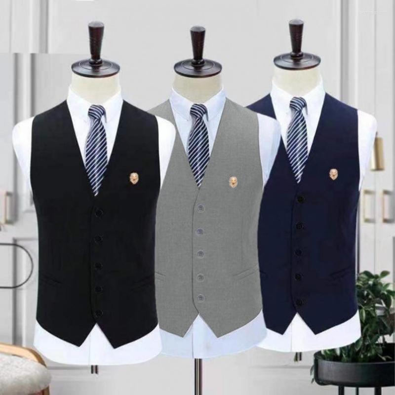 

Men's Vests Men Suit Vest Top Slim Fit Solid Color Sleeveless V Neck Single Breasted Formal Waistcoat With Brooch Business Wedding Dress, Black