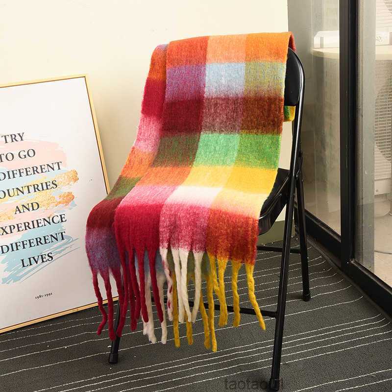 

Autumn and Winter Double Sided Rainbow Neck Ac Warm Tassel Shawl Women's Long Plaid Brushed Color Contrast Scarfcipa
