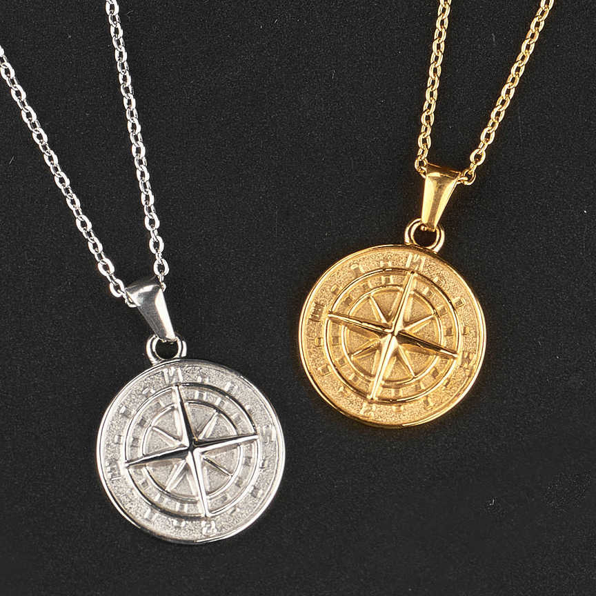 Hip Hop Rock – collier avec pendentif boussole pour hommes et femmes, ras du cou, Vintage, titane, acier inoxydable, pièce ronde, couleur or et a