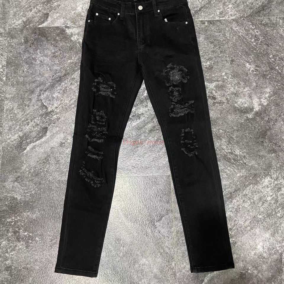 

Designer Clothing Amires Jeans Denim Pants Amies Black Diamond Pierced Jeans Mens Fashion Korean Version High Street Fashion Slim Elastic Small Leg Pants Men Distre