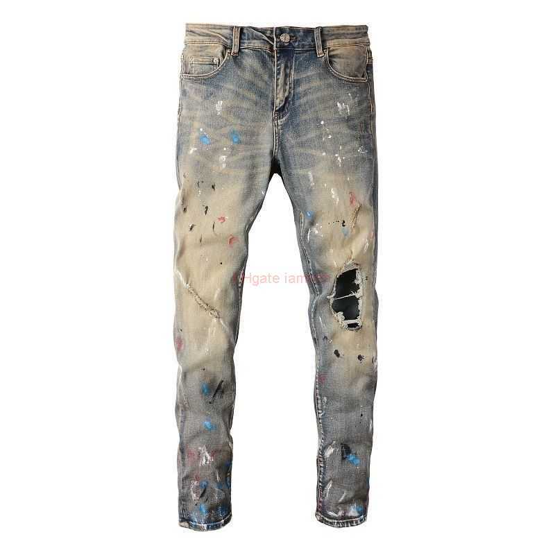 

Designer Clothing Amires Jeans Denim Pants 6556 Fashion Amies Splash Ink Wash Old Stretchy High Street Stacked Small Feet Stretchy Slim Mens Jeans Distressed Ripped, Blue
