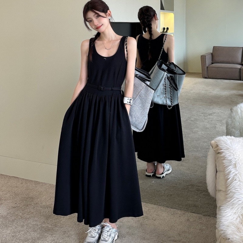 

Women Casual Designed Long Dresses Round Collar Color Block Waist String Mid Calf Streetwear Dress Summer Outdoor Fashion Clothes, Black