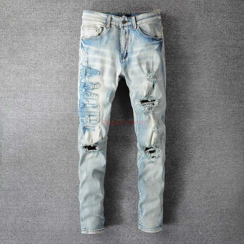 

Designer Clothing Amires Jeans Denim Pants Amies 697 High Street Broken Letter Sticker Cloth Used Wash Water Elastic Fit Ins Blue Jeans for Men Distressed Ripped Skin
