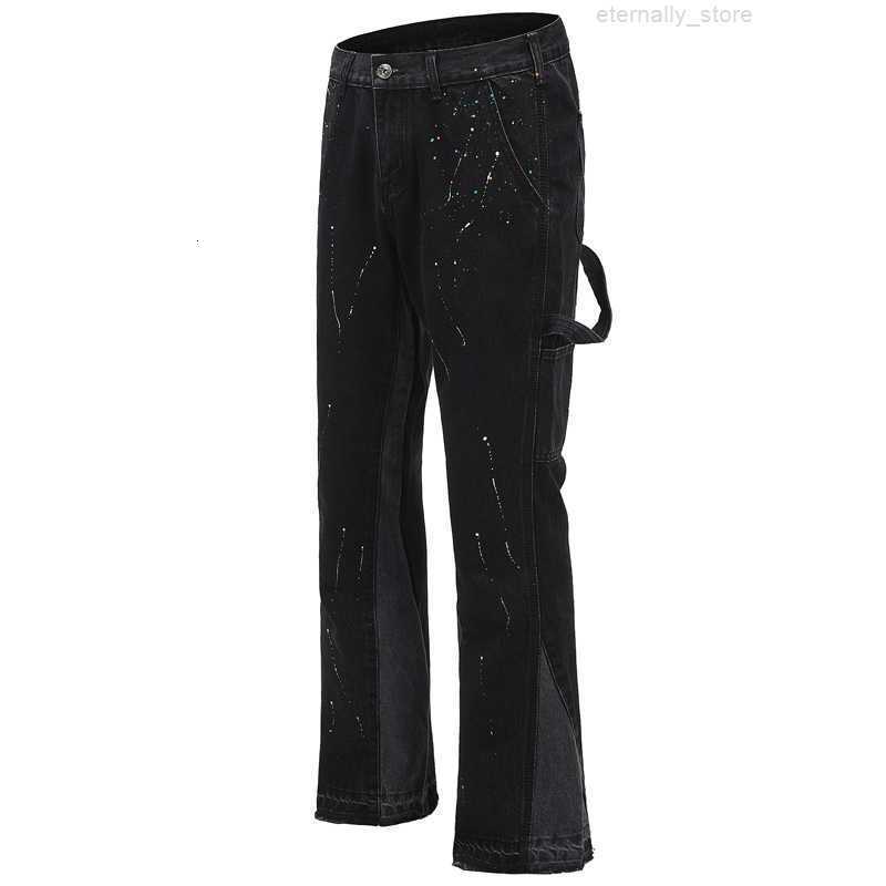 

Designer Clothing Denim Pants Galleryes Depts Same High Street Splash Flared Men's Trend Knaye Loose Wide Leg Jeans Distressed Ripped Hip Hop Trousers, Black
