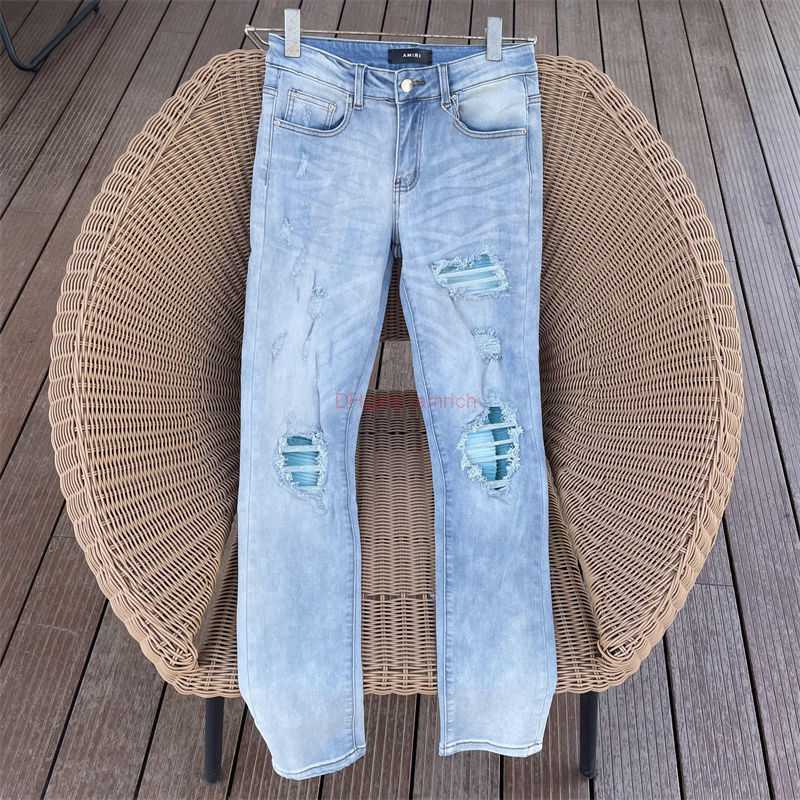 

Designer Clothing Amires Jeans Denim Pants Amies New 22ss Broken Blue Patchwork Mx2 High Street Knife Cut Slim Fit Small Feet Handsome Jeans Distressed Ripped Skinny, Light blue