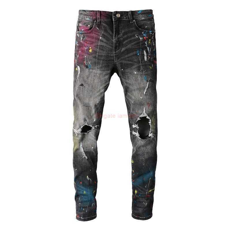 

Designer Clothing Amires Jeans Denim Pants Amies High Street Double Knee Torn Jeans Mens Fashion Brand Slim Fit Small Foot Stretch Made Old Splashink Paint Trousers D, Picture color