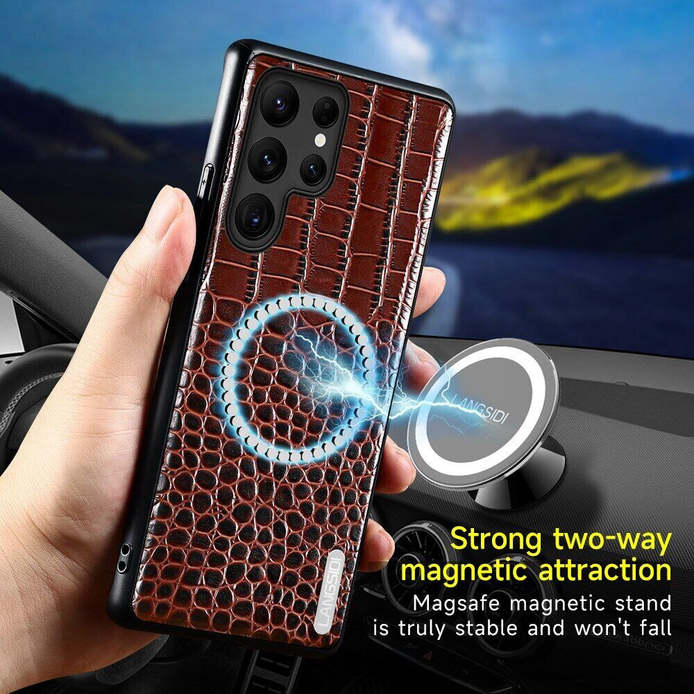 

Genuine Leather Magnetic Wireless Case for Samsung Galaxy S23 S22 Ultra S21 Crocodile Ostrich Lizard Cover, Green python pattern