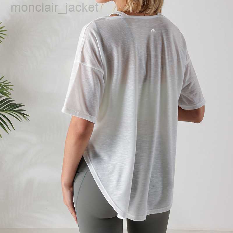 

2023 Designer Women T Shirt Lulus Lemon New Women Autumn and Summer Running Top Quick Drying Mesh Comfortable Loose Casual Yoga Fake Two Short Sleeves, Gray
