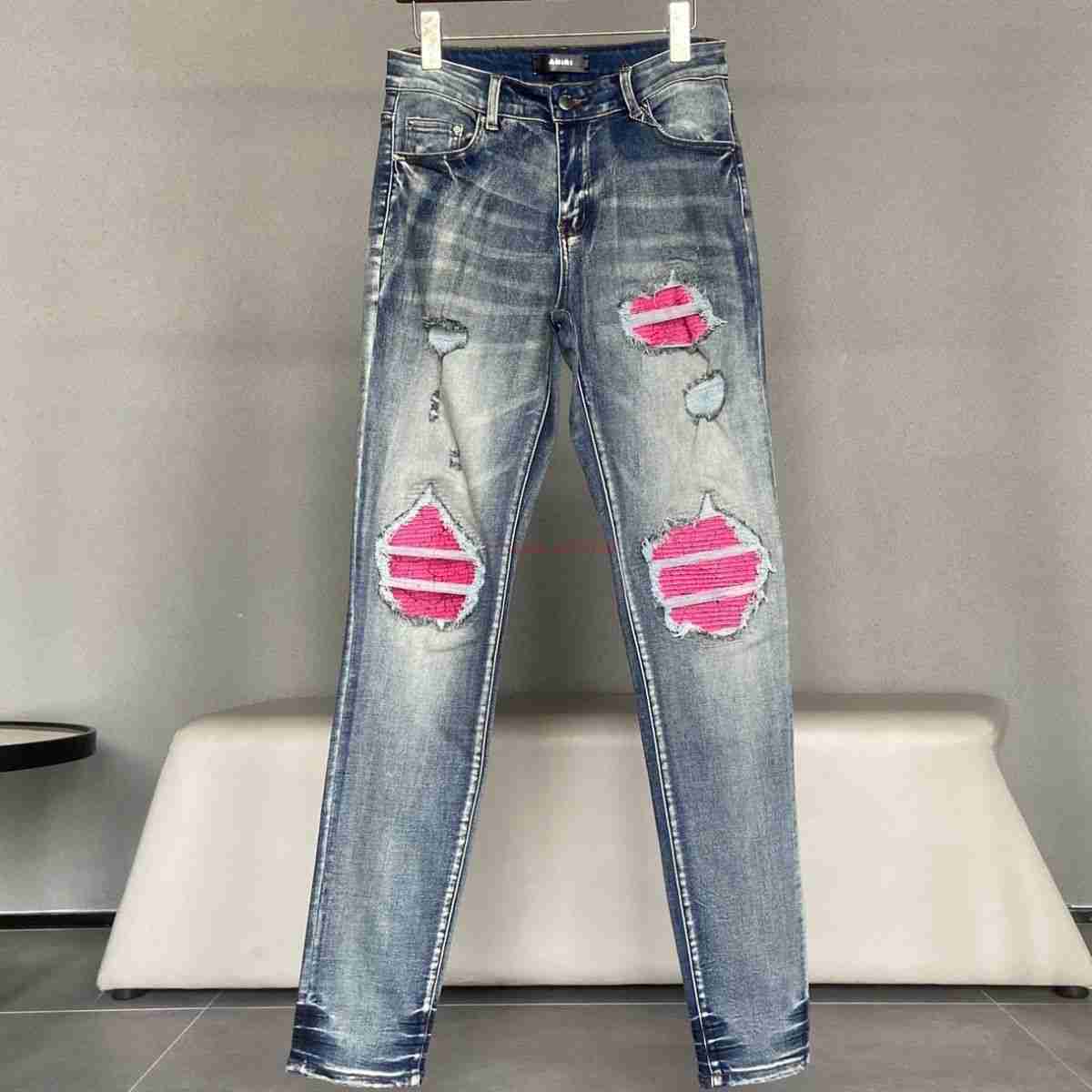 

Designer Clothing Amires Jeans Denim Pants Fashion Brand Amies Red Pleated Patch Holes Old Jeans Mens Stretch Slim Ins Leg Pants Distressed Ripped Skinny Motocycle B, Picture color