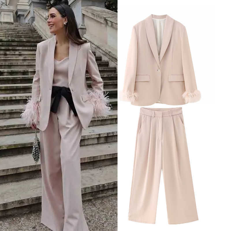 Women's Suits Blazers Spring Pants Set 2023 New Office Jacket Set Fashion Feather Straight Jacket+Trousers Two Piece Street Elegant Party Wo-image-867616898