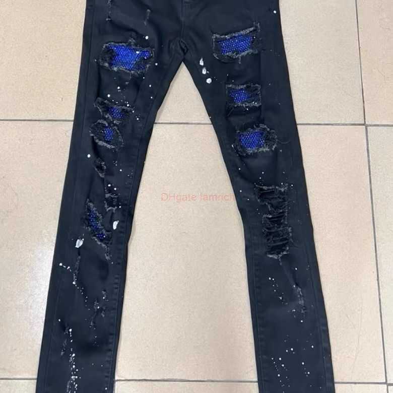 

Designer Clothing Amires Jeans Denim Pants High Street Fashion Brand Amies Blue Diamond Speckled Ink Perforated Jeans for Mens Handsome Washed Old Elastic Slim Fit S, Black