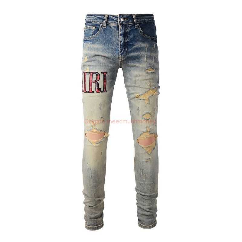 

Designer Clothing Amires Jeans Denim Pants 888 High Street Amies Old Wornout Jeans Red Check Letters Slim Pants Fashionable Men Distressed Ripped Skinny Motocycle B