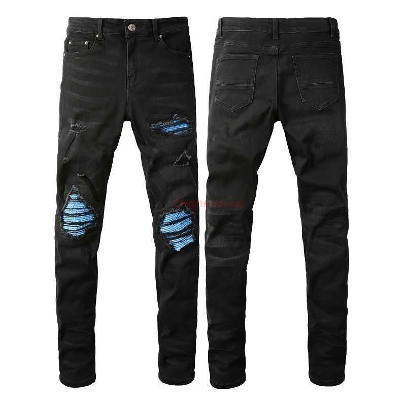

Designer Clothing Amires Jeans Denim Pants Amies High Street Fashion Trend Mens Black Perforated Jeans Blue Patch Slim Fit Elastic Pants Denim Pants 8807 Distressed