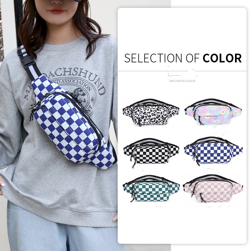 Trendy Checkered Waist Bag Men's And Women's Bags Outdoor Sports And Leisure Oxford Cloth Single Shoulder Crossbody Bags Pocket Money M-image-868267398