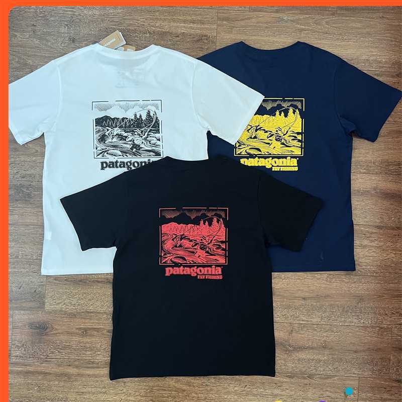 

Patagonias Bata Summer Outdoor Fishing Print Leisure Crew Neck Loose Versatile Cotton Short Sleeve T-shirt Men's Fashion, White children