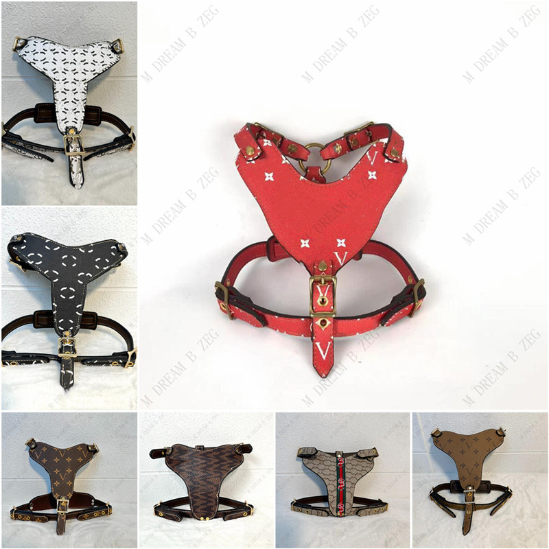 

Designer Dog Harness Leashes Set with Classic Letter Pattern Adjustable PU Leather Dog Collar Pet Vest for Medium Large Dog Bulldog PS1954