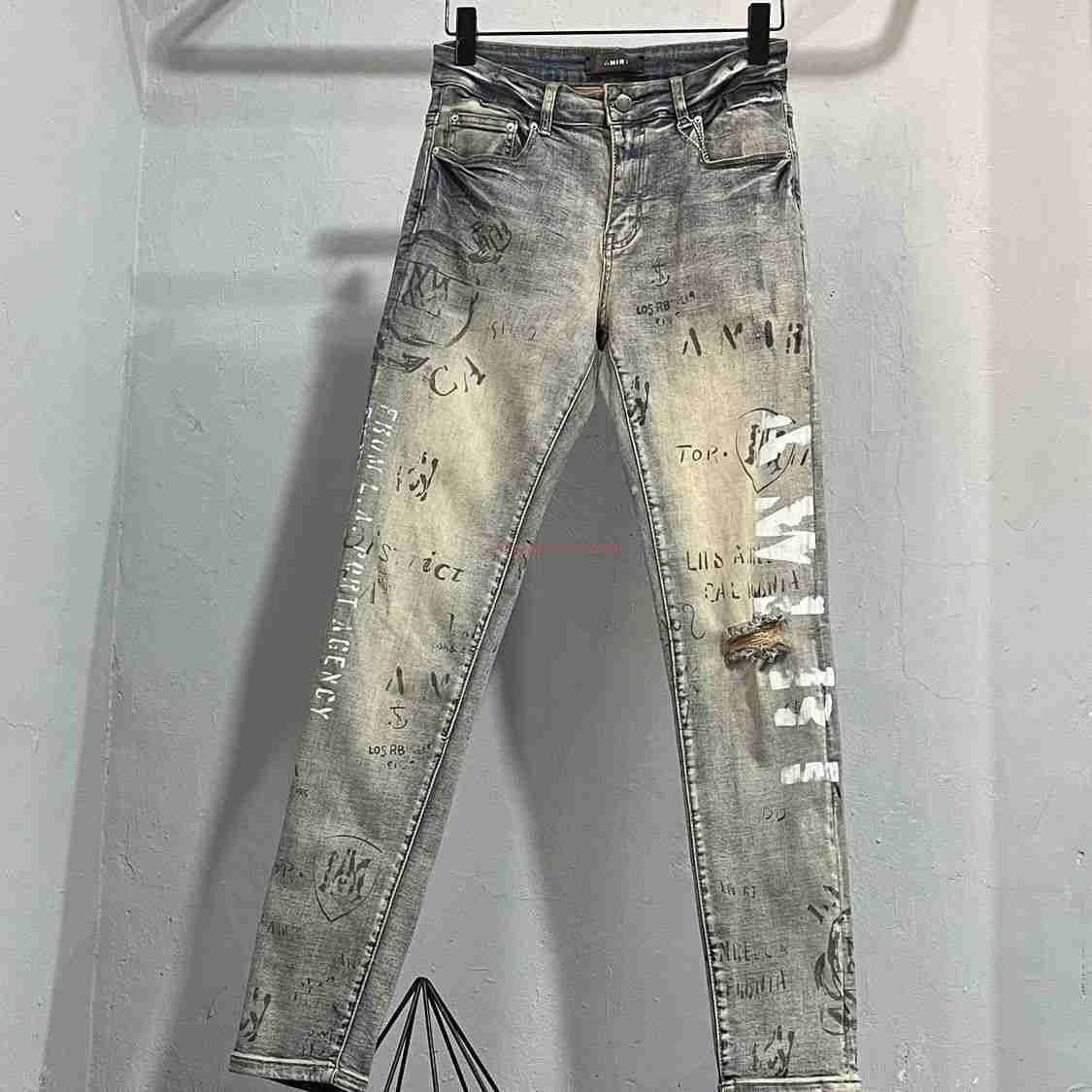 

Designer Clothing Amires Jeans Denim Pants 2869 New Amies Fashion Brand Graffiti Letter Printing Washed Old Yellow Hole Stretch Slim Denim Trousers for Men Distress, Blue