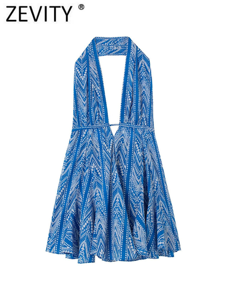Robes décontractées basiques Zevity femmes Vintage géométrique Totem imprimé fleuri licou Mini robe femme Chic été dos nu à lacets décontracté Ve