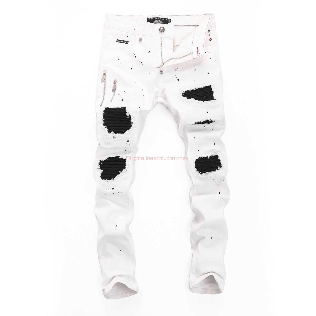 

Designer Clothing Amires Jeans Denim Pants Amies 8360 White Feet High Quality Paint Tear Patch Jeans European Fashion Pp Jeans Male Distressed Ripped Skinny Motocyc