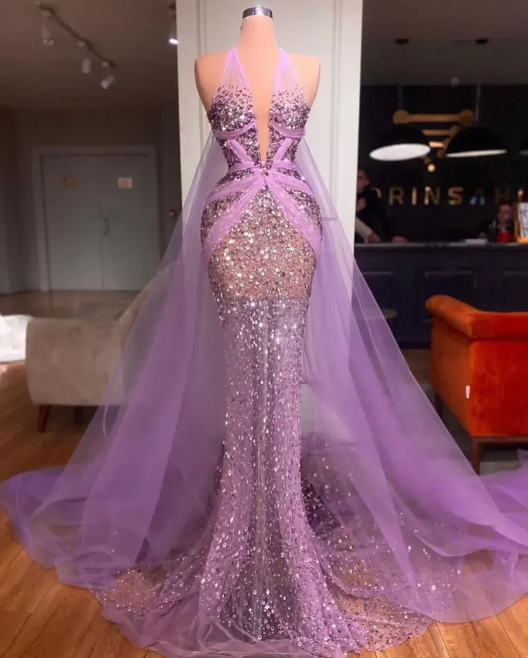 NEW Purple Mermaid Prom Dresses Sleeveless V Neck Lace Halter Appliques Hollow Sexy Shiny Sequins Beaded Floor Length Celebrity Evening Dresses Cust