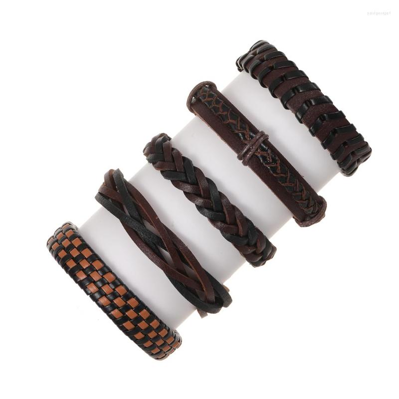 

Charm Bracelets 5 Pcs/Sets Fashion Jewelry Handmade Weave Genuine Leather Bracelet Men Vintage Cuff Pulsera Hombre