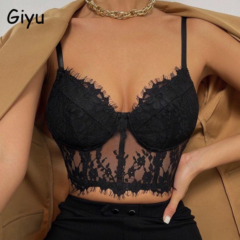 

T-Shirt Giyu Sexy Lace Camis Tops Women 2022 Summer Autumn Vintage Clothes Cropped V Neck Backless Hollow Out Black Crop Tops Camisole, Pink