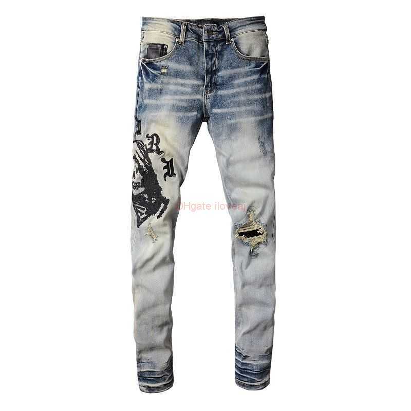 

Designer Clothing Amires Jeans Denim Pants High Street Amies Fashion Brand 882 Blue Gorilla Head Embroidery Stretch Hole Trend Slim Straight Small Feet Jeans Male Di