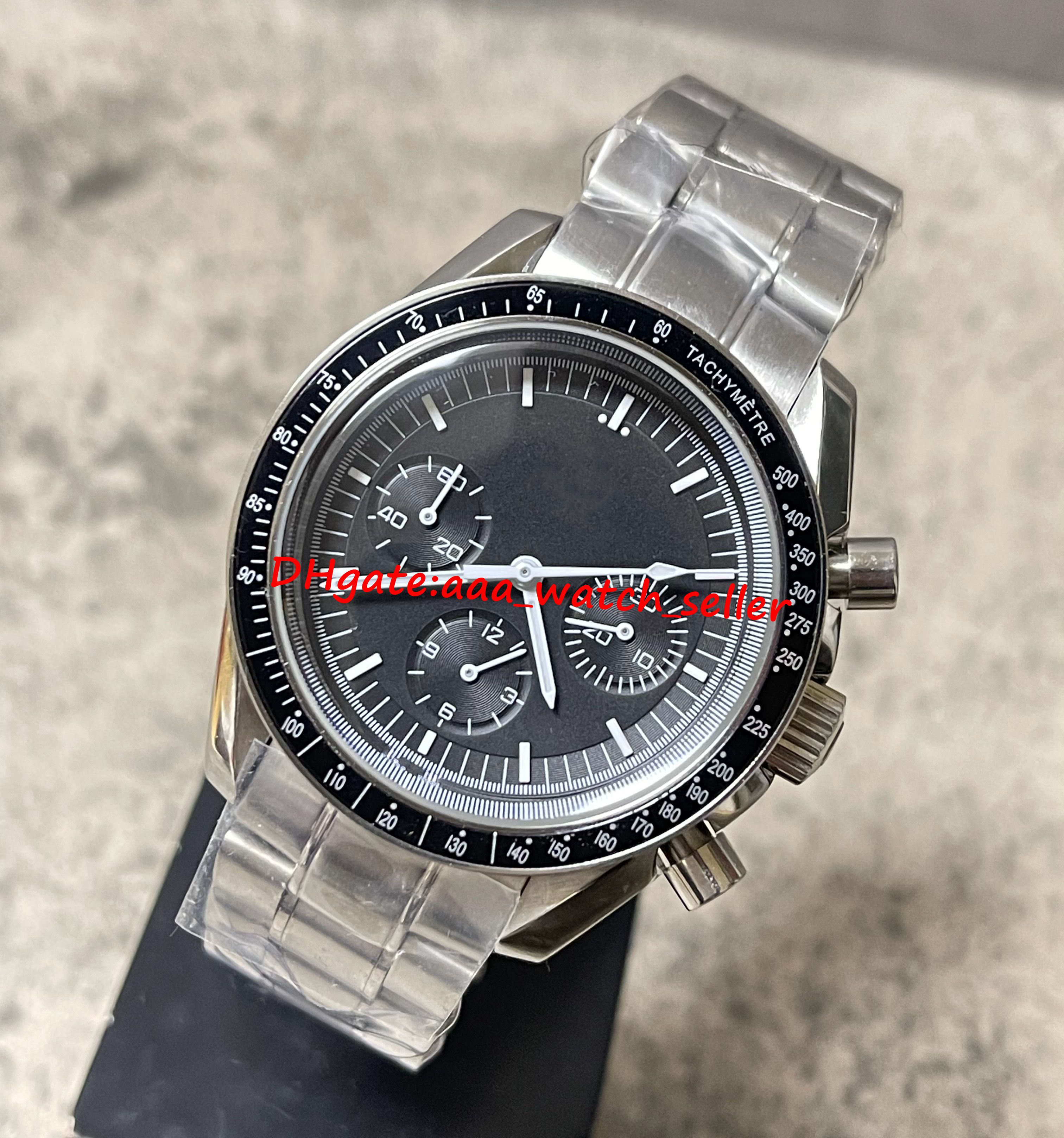 

High quality luxury mens classical moon watches Speed-M 42mm black dial aluminum bezel vk quartz movement stainless steel bracelet lumimous men's sport wristwatches, P1
