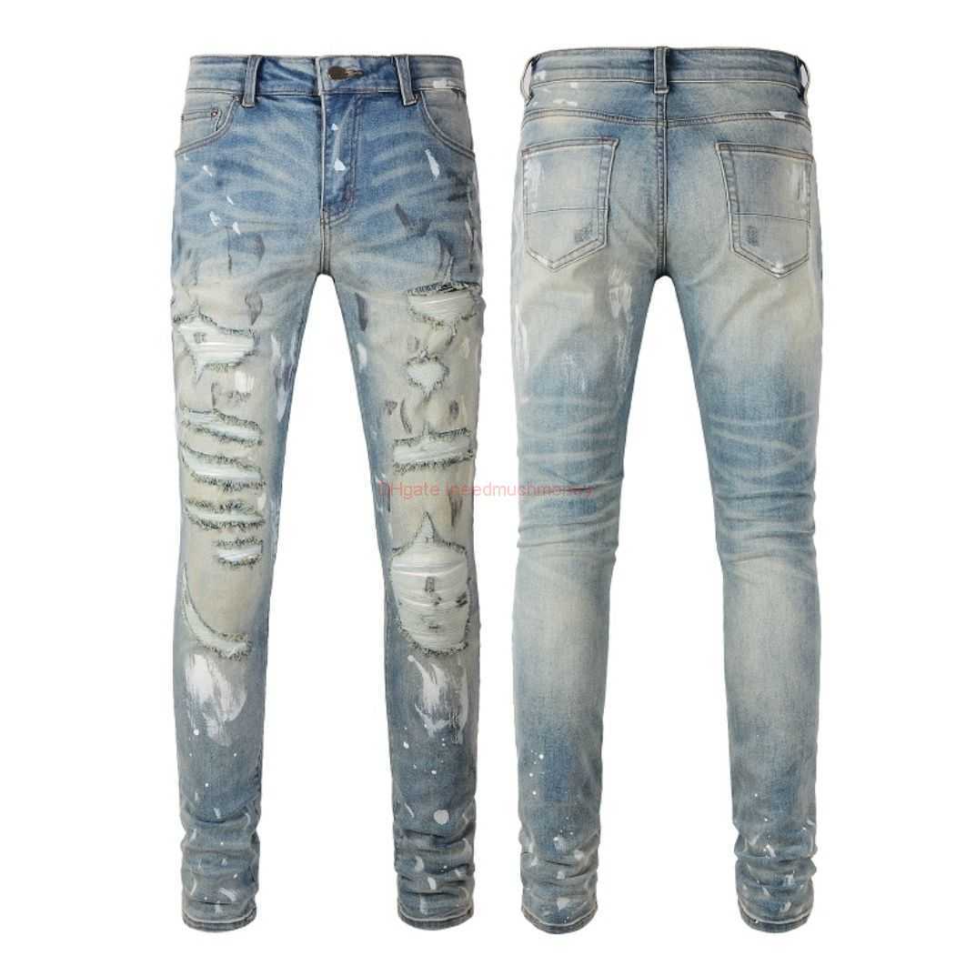 

Designer Clothing Amires Jeans Denim Pants Amies High Street Mens Fashion Light Blue Splash Ink Graffiti Hole Breaking Jeans Youth Slim Fit Hole Breaking Beggar Feet, 6530