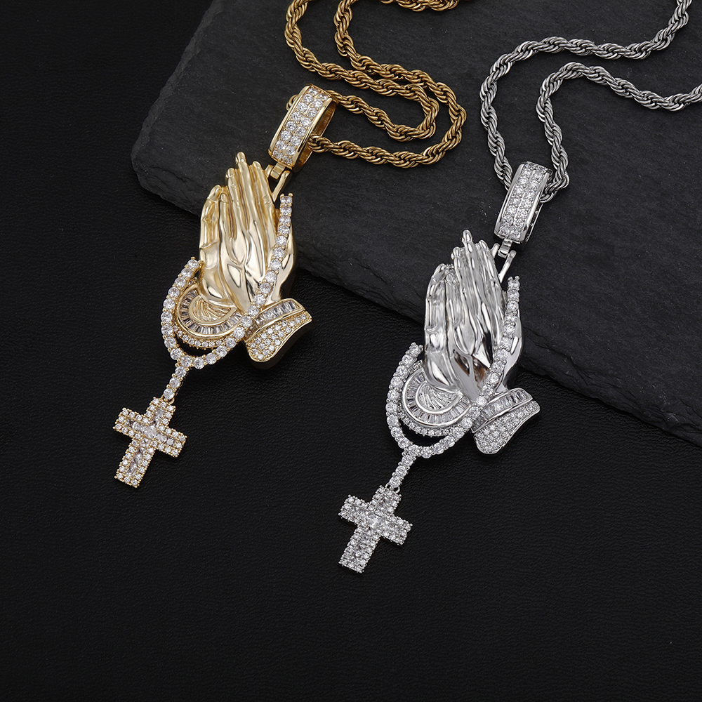 

Hip Hop Playing Hands Cross Pendants Necklace Full Zircon Religious Jewelry Gift