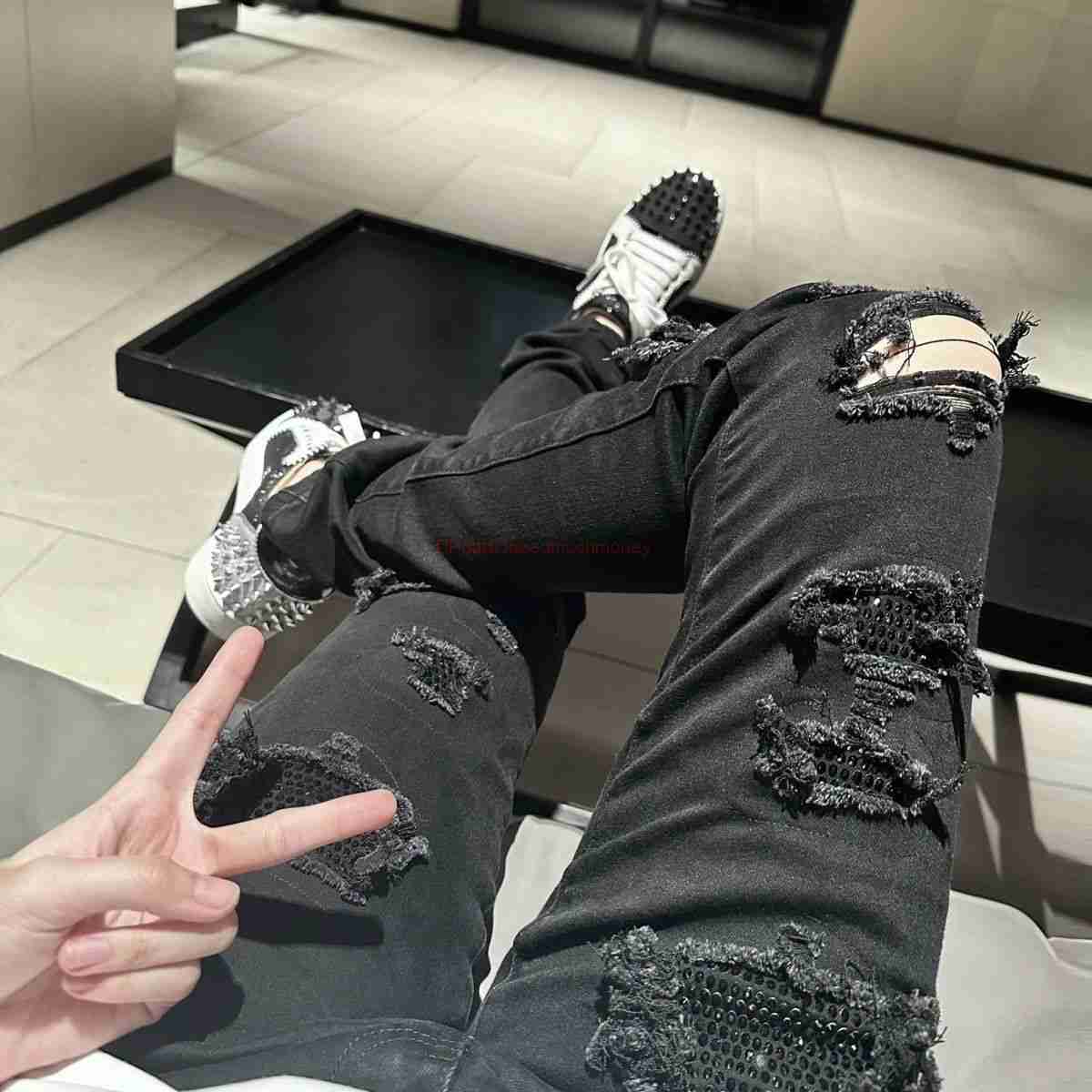 

Designer Clothing Amires Jeans Denim Pants Amies 565 New High Street Fashion Black Perforated Jeans for Mens Youth with Black Diamond Elastic Slim Fit Leggings Distr