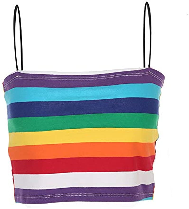 Designer Fashion Women Rainbow Stripe Printed Spaghetti Strap Backless Crop Top Slim Camis Womens Top T-Shirts-image-868036263