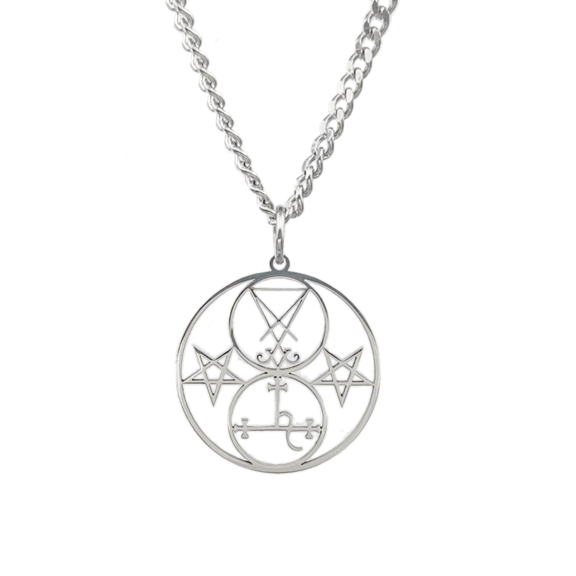 

Lilith & Lucifer Double Seal Pendant with Staves Stainless Steel Necklace Curb Chain 5mm 24inch Silver
