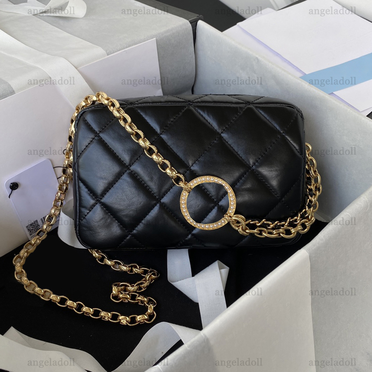 

10A Mirror Quality Designers Mini Camera Bags 19cm Womens Real Leather Lambskin Quilted Flap Black Purse Luxury Chip Handbag Crossbody Shoulder Strap Chain Box Bag, Carton