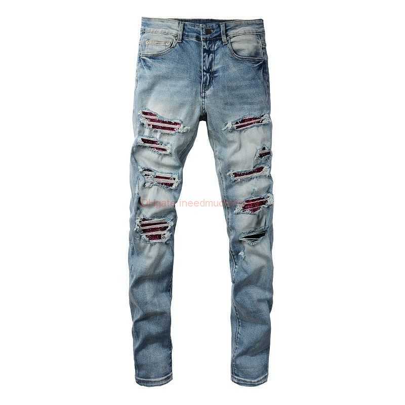 

Designer Clothing Amires Jeans Denim Pants Amies 1308 High Street Red Diamond Jeans with Blue Embedding Broken Holes Hot Diamond Patches Slim Fit Slim Feet Pants Dist