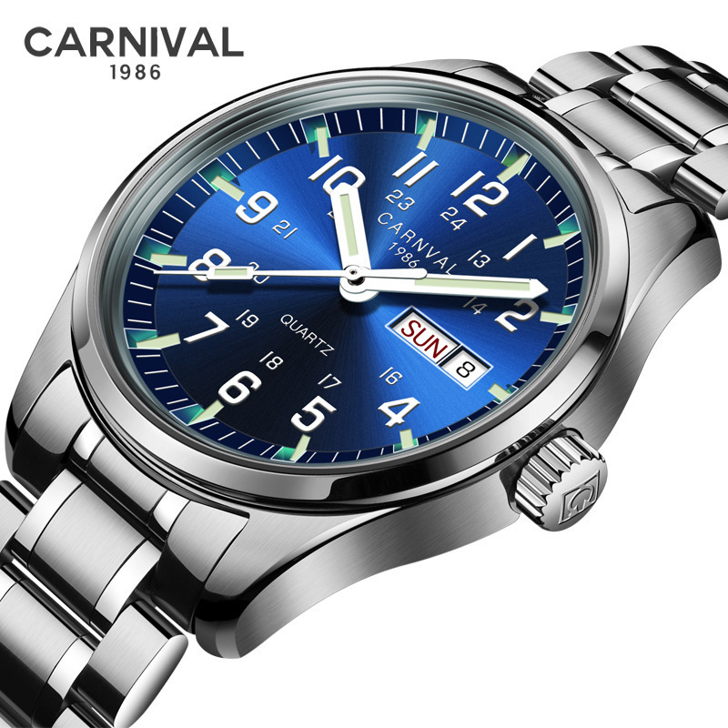 

Carnival T25 Tritium Luminous Watch Men Sport Diver Mens Watches Top Brand Luxury Switzerland Quartz Military Wristwatch Clock T200409, Steel strip blue