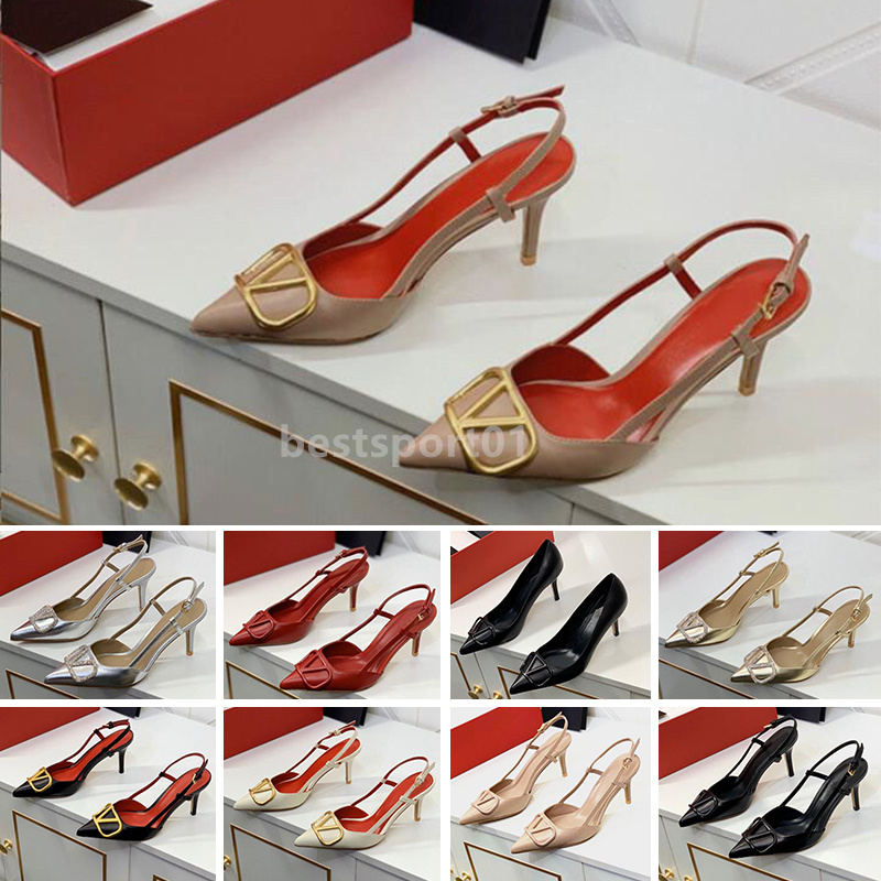 

Brand Sandals for Women High Heels Casual Shoes Summer Classics Metal V-buckle Thin Heel 6cm 8cm 10cm Genuine Leather Sexy Shallow Women's Wedding Shoes B33, Color 16