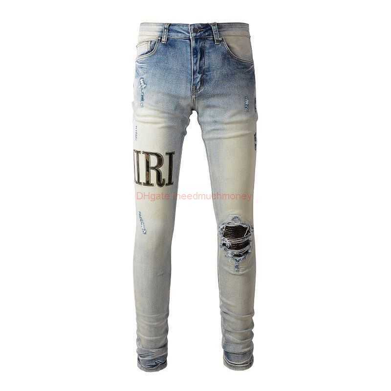 

Designer Clothing Amires Jeans Denim Pants 878 High Street Amies Made Wornout Distressed Jeans Camouflage Letters Patchwork Leather Slim Fitting Small Leg Pants Tr, Blue
