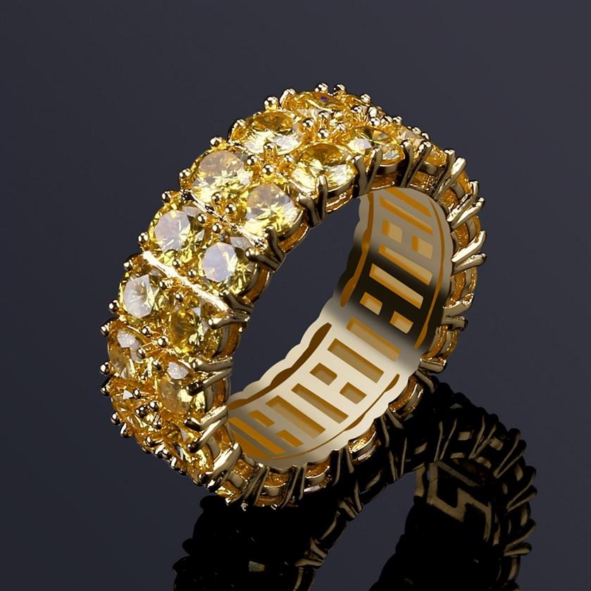 

Mens Hip Hop Iced Out Stones Rings Jewelry Fashion Gold Wedding Ring Yellow Simulation Diamond Ring292i