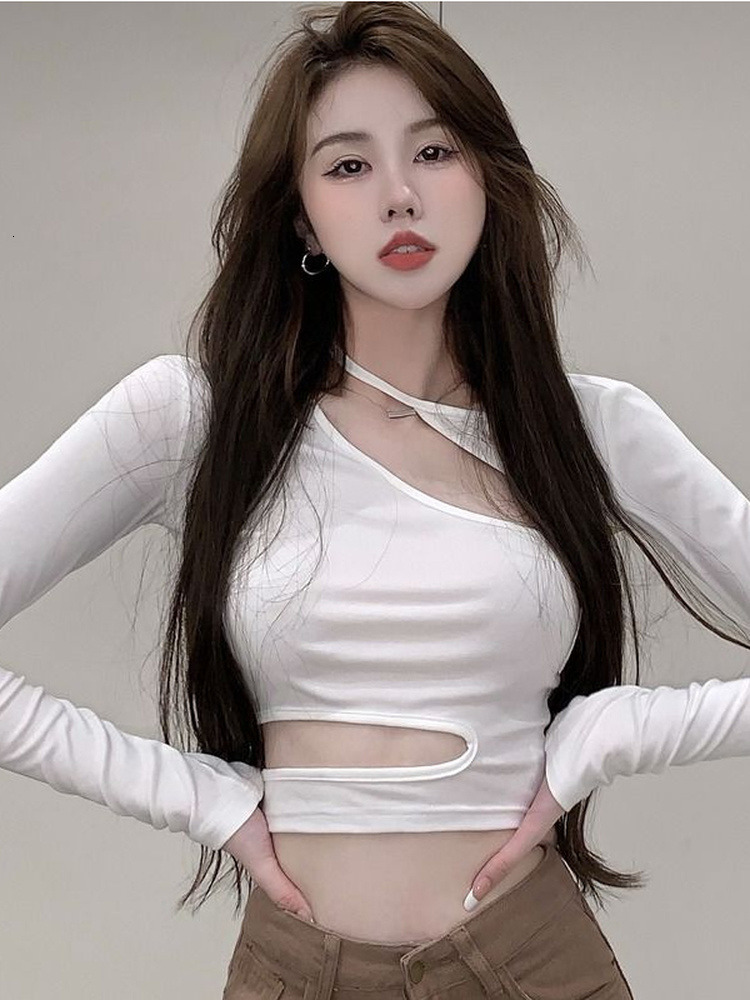 T-shirt femme Harajuku Skinny T-shirt Femme Manches longues Crop Top Tee Shirts Style coréen Streetwear Grunge Esthétique Y2k Hollow Tshirts Auto