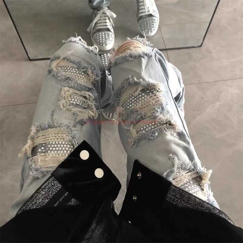 

Designer Clothing Amires Jeans Denim Pants Amies Trendy Brand Fashion Light Blue Wornout Hole Light Color Hot Diamond High Street Elastic Slim Fitting Small Foot Den