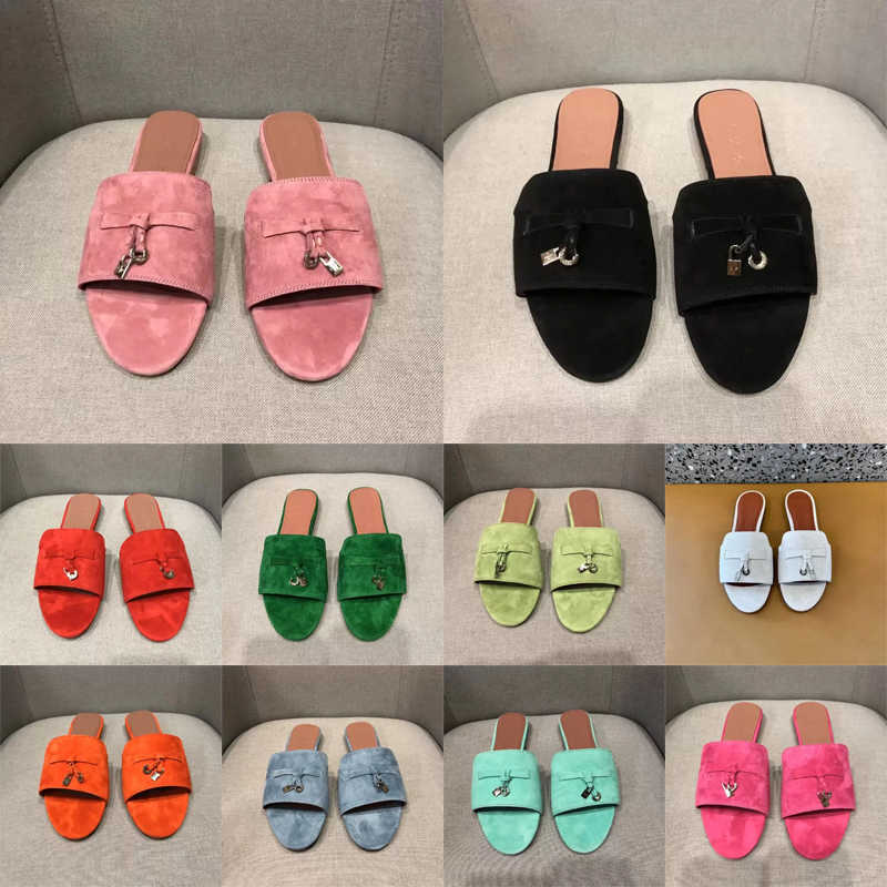 Summer Charms slides embellished suede slippers Luxe sandals shoes Genuine leather open toe casual flats for women-image-868085824