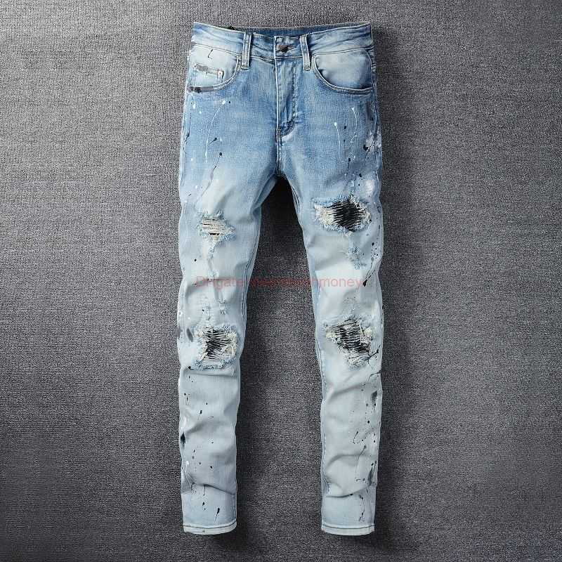 

Designer Clothing Amires Jeans Denim Pants Amies 820 Speckled Paint Dotted Fashion Mens Jeans with Worn Holes Pleated Patches Slim Fit Elastic Feet Pants Distressed
