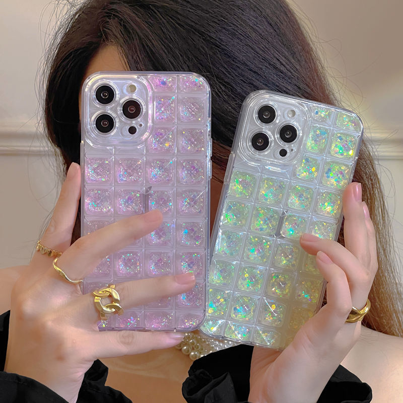 

Ins fashion 3D rivet glitter Clear grid Soft silicone phone case for iphone 14 13 11 12 Pro Max Plus Lens protection Bling Cover