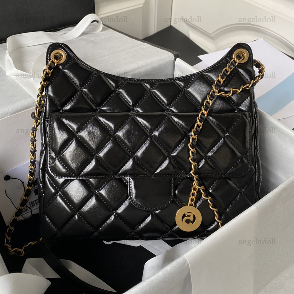 

10A Mirror Quality Designers Large Hobo Bag 31cm Luxury Womens Shiny Crumpled Calfskin Purse Gold Coin Handbag Fashion Flap Pocket Black Shoulder Strap Chain Bag, Carton